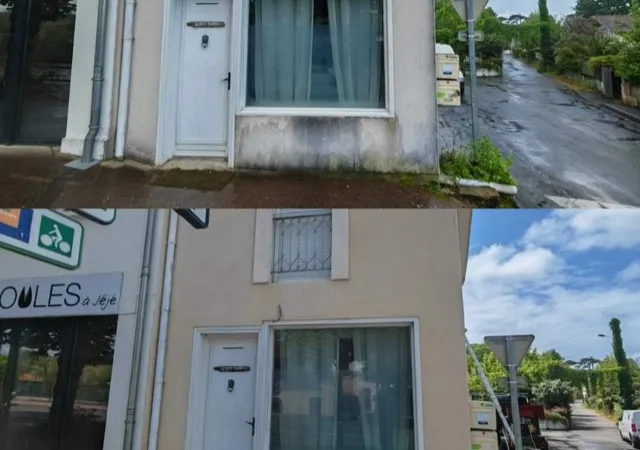 Maison néo-basque aux colombages peints après traitement vapeur à Bibi Beaurivage